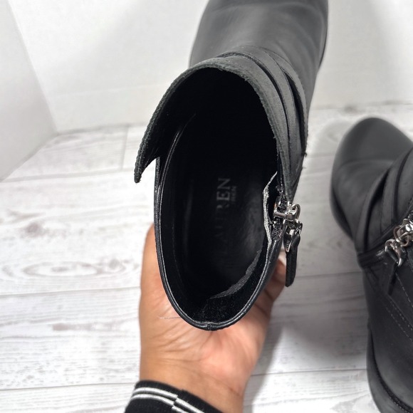 Lauren Ralph Lauren Hermione Black Leather Ankle Boots Buckle Zip Women's 7B - Picture 6 of 13